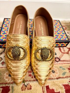 Kurt Geiger Metallic Gold Embossed Pointed Loafers with Ornate Buckle